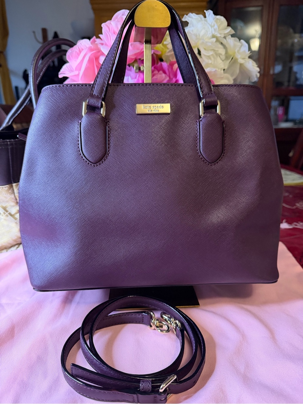 Kate Spade Laurel Way Evangeline Satchel Crafted in deep Plum Saffiano